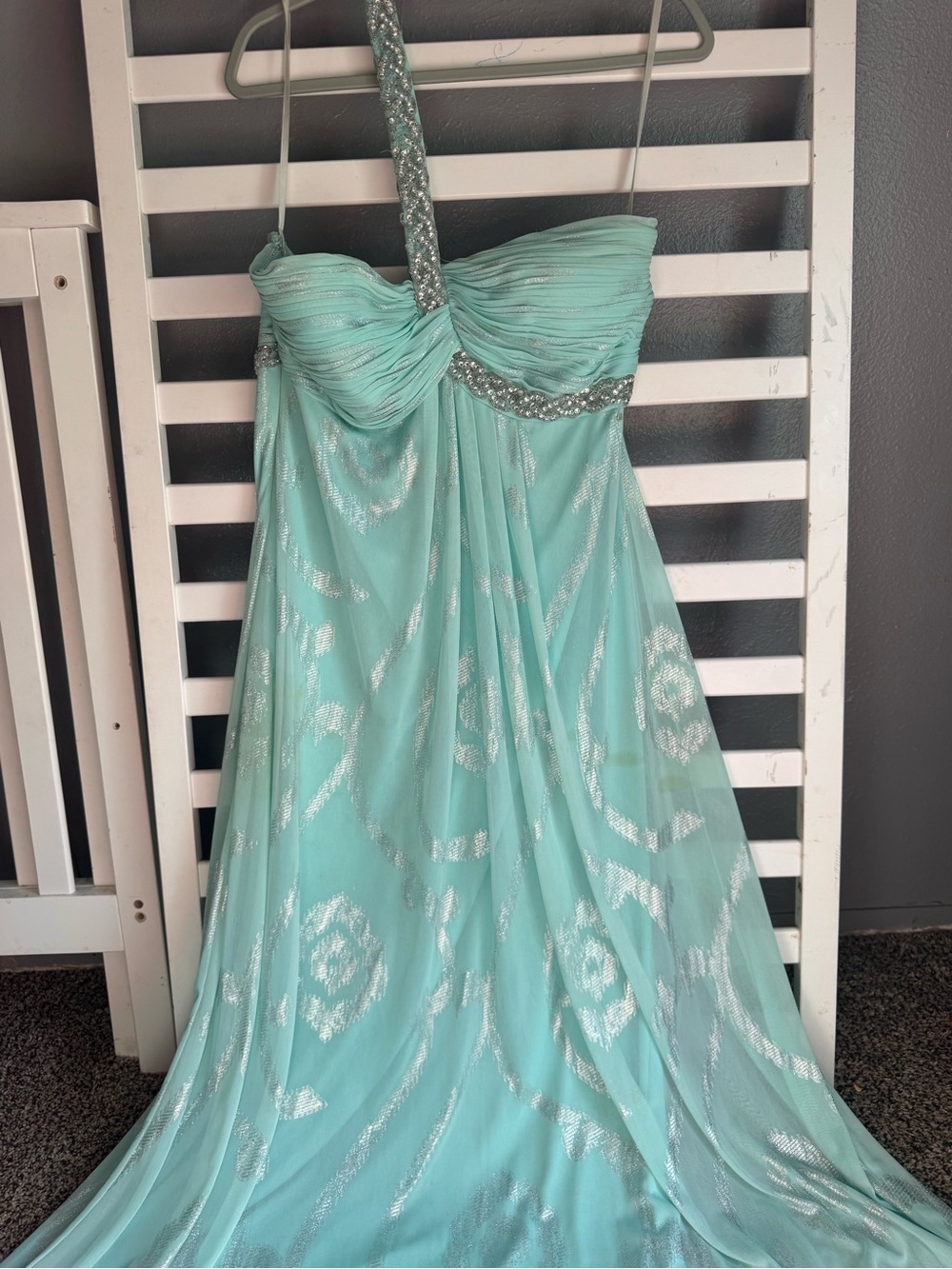 Cache Mint Green Strapless One-Shoulder Evening Gown with Beaded Trim